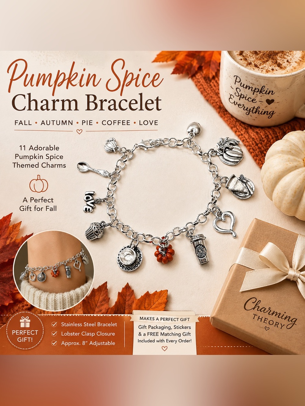 Pumpkin Spice Charm Bracelet, Fall Jewelry, Autumn Bracelet, Coffee Lover Gift,